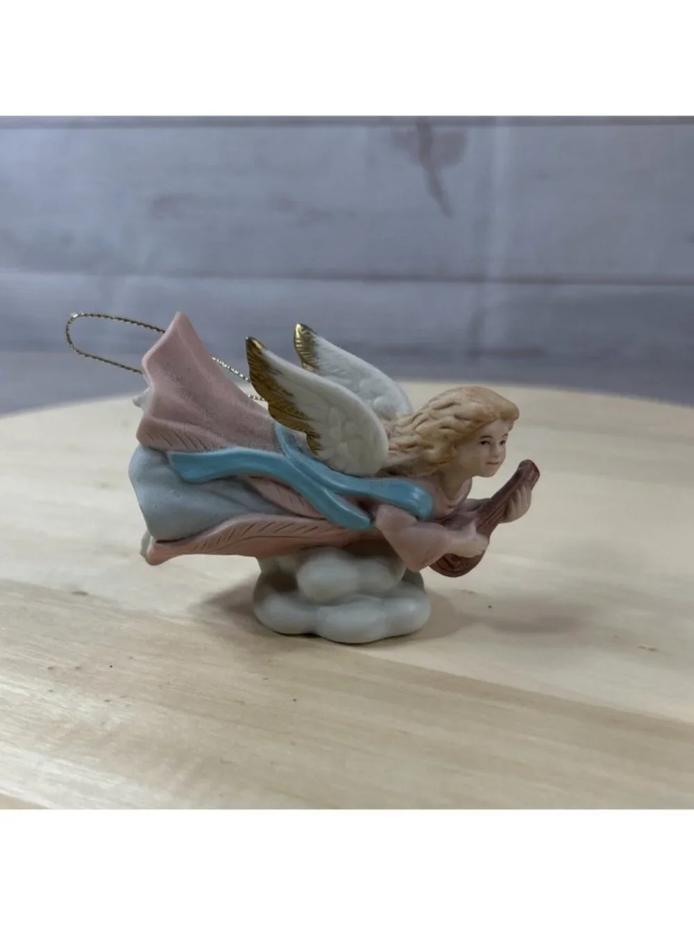 Vintage 3” Homco Christmas Flying Angel Ornament With Instrument On Cloud #5722